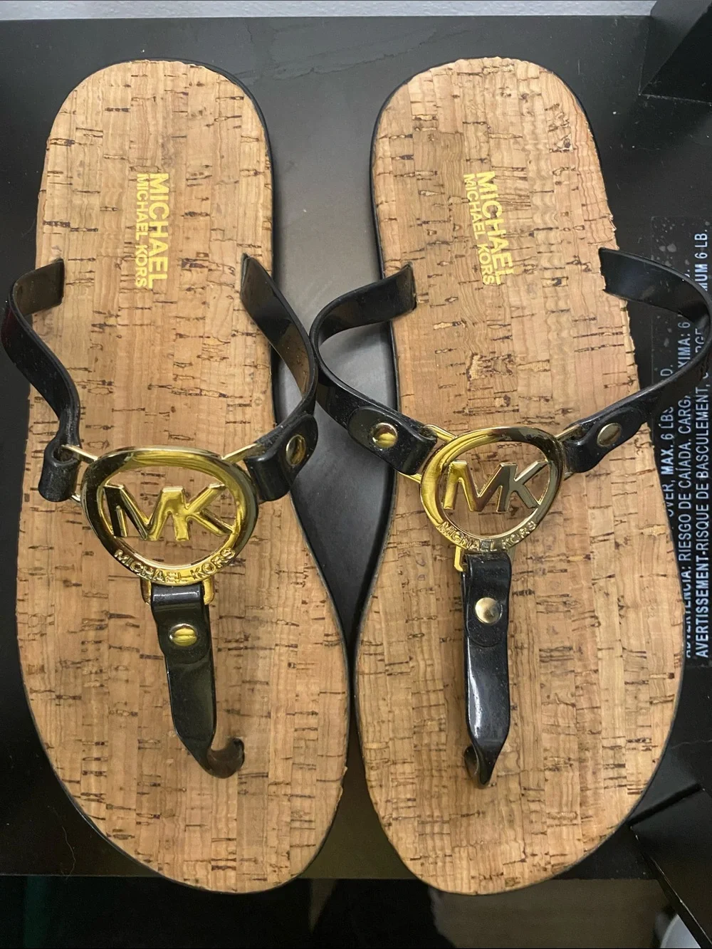 Michael Kors Black and Gold Logo Cork Footbed Thong Sandals
